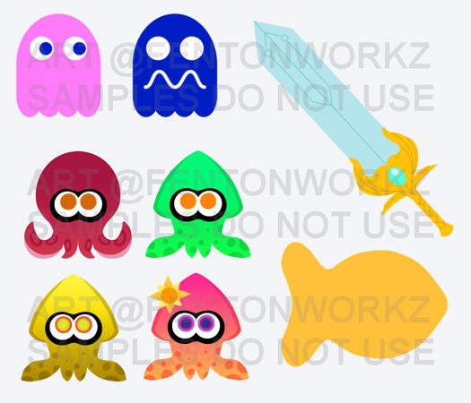several emojis in the art style of twitter emojis (twemoji). includes: 2 pacman-inspired ghosts, she-ra 2018&#39;s sword of power, a goldfish cracker, 3 splatoon-inspired squids and 1 splatoon-inspired octopus.